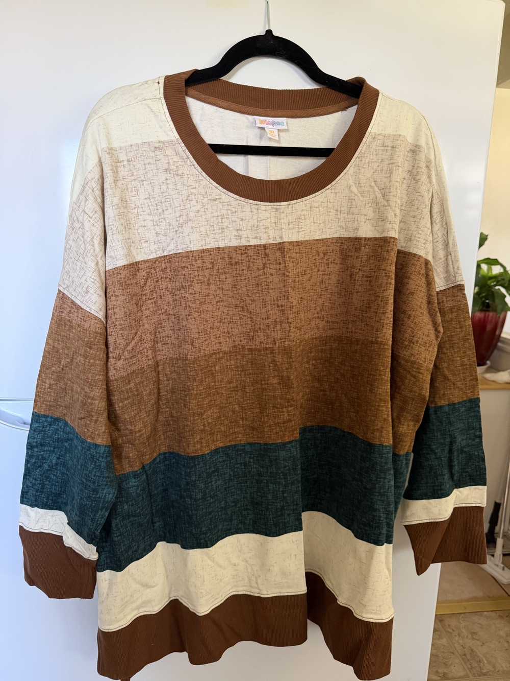LuLaRoe Scoop Neck Striped Sweater in Brown, Cream & Teal